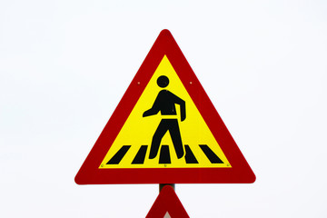 sign for pedestrians walking along the road, yellow and red board with white background