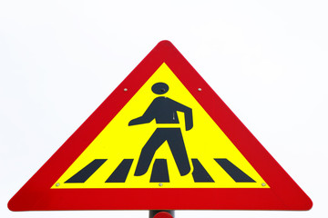 sign for pedestrians walking along the road, yellow and red board with white background