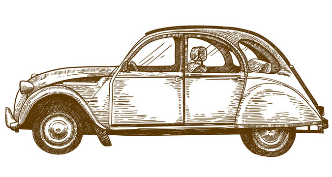 engraving drawing illustration of vintage car