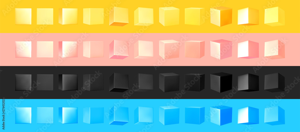 Poster cube collection yellow and black, pink and blue color. set cubes of geometric 3d objects isolated. r