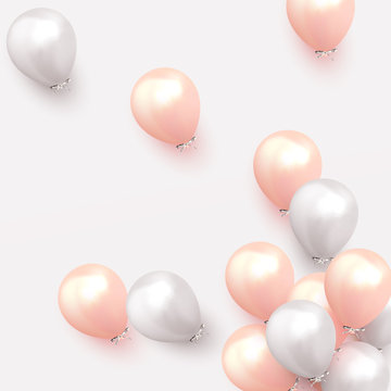 Festive background with helium balloons. Celebrate a birthday, Poster, banner happy anniversary. Realistic decorative design elements. Vector 3d object ballon, pink and white color.