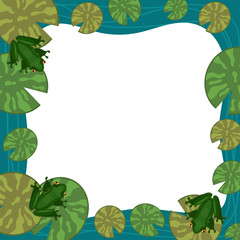 Fototapeta premium Frog frame with lily pads. Empty place for text. Vector border.
