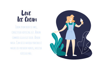 Cartoon young girl with ice cream cone walks in nature. Vector banner in flat linear style.