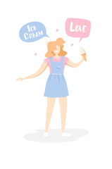 Fototapeta na wymiar Cartoon girl in the sundress with ice cream cone on white background. Cute card in trendy flat linear style. Vector summer banner.
