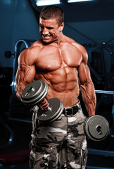 Fototapeta na wymiar Bodybuilder Exercise With Weights at the Gym, Performing Bicep Curls