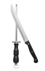 Slicer knife and sharpening stick isolated on white