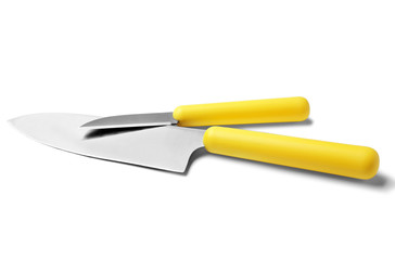 Modern sharp chef's and paring knives isolated on white