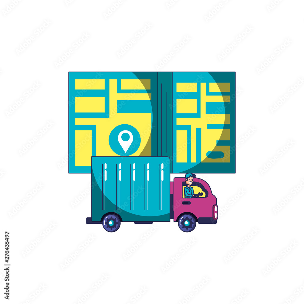 Poster worker delivery service with vehicle truck and map guide
