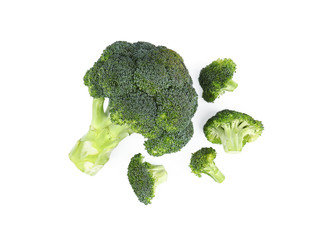 Fresh green broccoli on white background, top view. Organic food