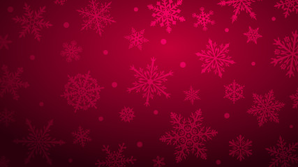 Fototapeta na wymiar Christmas background with various complex big and small snowflakes in red colors
