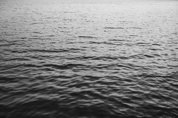 Sea or ocean water with little relaxing waves and reflection in different light. Beautiful gradient with black and white colors. Neutral background and texture.
