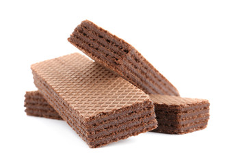 Delicious crispy wafers on white background. Sweet food