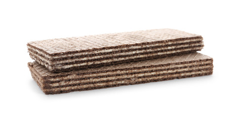 Delicious chocolate wafer sticks isolated on white