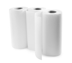 Rolls of paper towels on white background