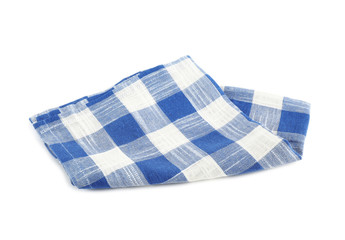 Folded blue checkered kitchen towel on white background