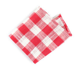 Folded red checkered kitchen towel on white background, top view