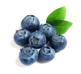 Fresh raw tasty blueberries with leaves isolated on white