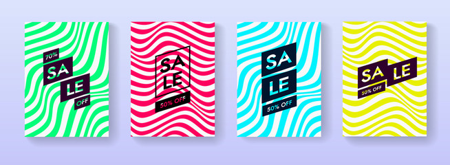 Set of trendy Sale posters. Promo banners with special deal 50% off discount. Geometric wavy striped placards collection.