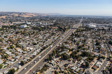 Aerial view of streets, buildings and traffic along the 880 freeway near Hayward, San Leandro and...