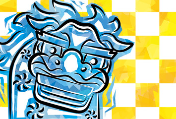 ファンキー獅子舞と市松模様背景の年賀状,文字無し