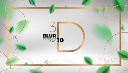 Fototapeta premium White luxury abstract background with flying green spring leaves and golden frame elegant decoration vector design