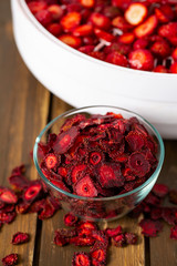 sliced strawberry on a fruit dryer rack