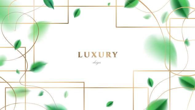 White luxury abstract background with flying green spring leaves and golden frame elegant decoration vector design
