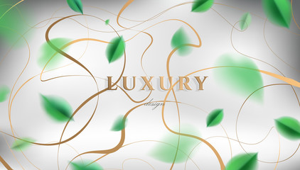 White luxury abstract background with flying green spring leaves and golden geometric elegant decoration vector design