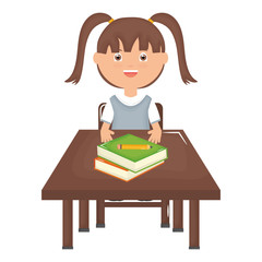 cute little student girl with textbooks in schooldesk