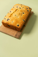 Close Up of Lemon Blueberry Loaf Cake, Pale Green Background, Side View