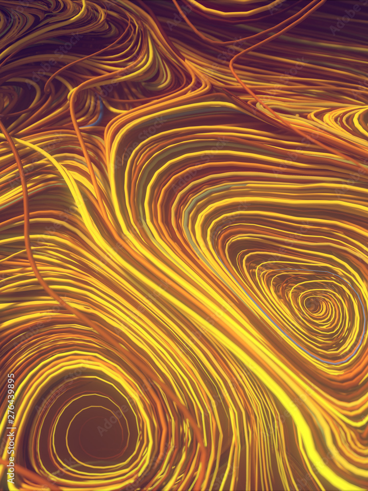 Poster Interlacing abstract yellow colored curves. Computer generated geometric pattern. 3D rendering