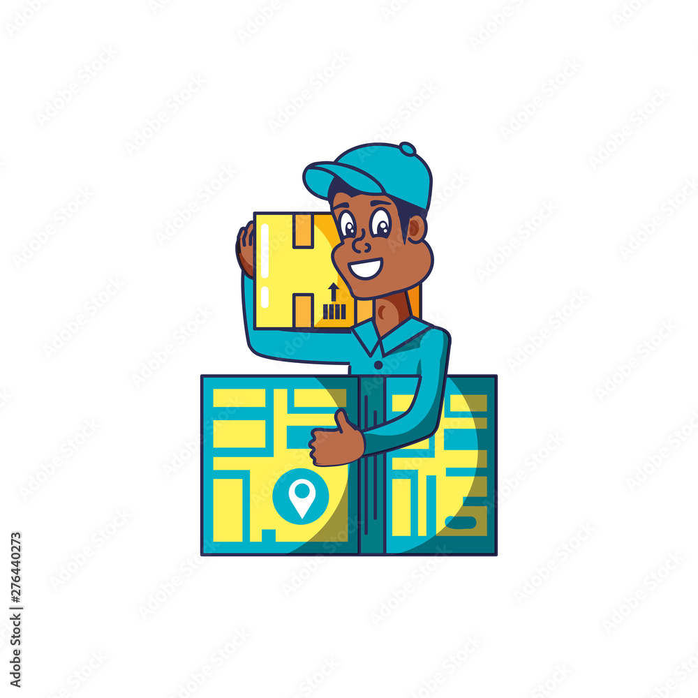 Poster worker delivery service with box and map guide