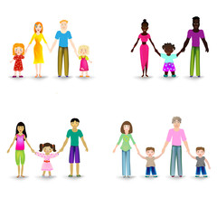 Set of 4 families of different ethnicity. Happy parents and their children on white. Illustration of people Asians, Europeans, Africans and Americans isolated