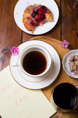 happy  morning . life style shot with coffee and berry cake