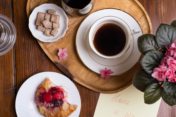 happy  morning . life style shot with coffee and berry cake