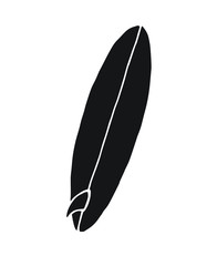 Vector flat black hand drawn sketch doodle long surf board single fin isolated on white background 