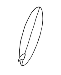 Vector flat black line hand drawn sketch doodle long surf board single fin logo isolated on white background 