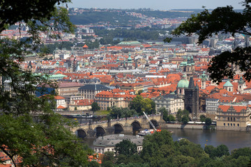 Summer Prague City with Charles Bridge and green Nature from the Hill Petrin, Czech Republic