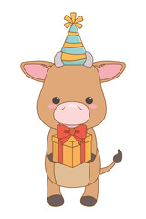 Bull cartoon with happy birthday icon design
