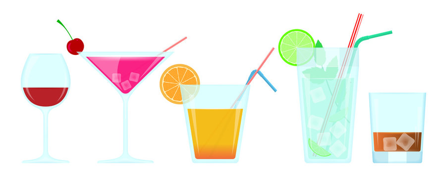 Alchoholic Cocktails In Glasses. Vector Drinks Illustration.