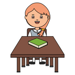 cute little student girl with textbooks in schooldesk