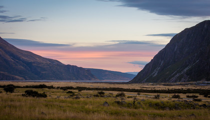 Sunset in a valley in New Zealand
