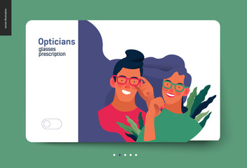 Medical insurance template - opticians shop advertising poster panel - modern flat vector concept digital illustration of a young couple wearing glasses - commercial banner illustration