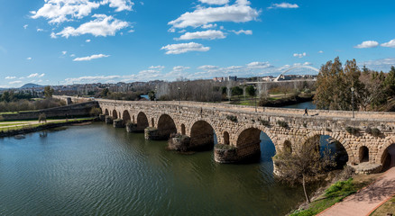 A panoramic view of the Roman Bridge of Merida, Spain, the longest surviving bridge from ancient times.