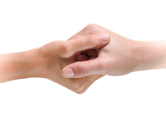 Holding hands, Meaning of unity and helping on white background.