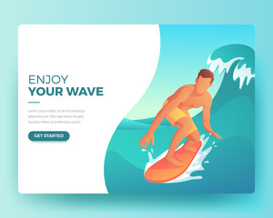 Landing Page in Flat Tropical Style Offering Surfing. man is surfing. Vector Cartoon Illustration. Gradient Flat Illustration. Summer Landing Page. Holiday Illustration