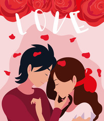 young couple in love poster with roses decoration