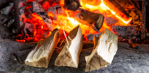 burning fire in a stone oven. fire on wood in the oven. fireplace