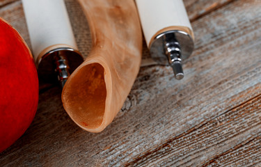 Rosh hashanah Jewish New Year . Traditional holiday symbols - shofar