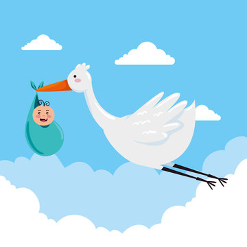 stork flying with cute baby and clouds